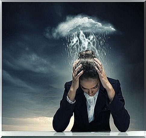 Woman suffers from severe headache, which is illustrated as thundercloud