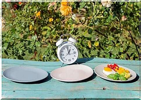 Plates in front of the clock symbolize five meals a day