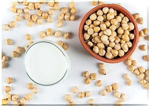 Hazelnut milk and hazelnuts on table and in bowl